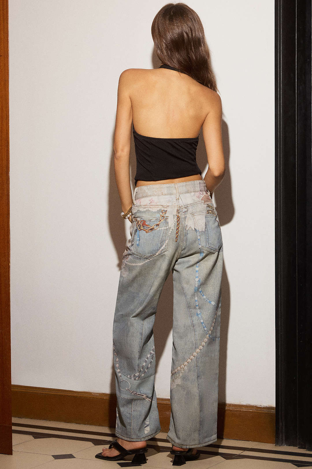 Denim abstracte print broek met wijde pijpen