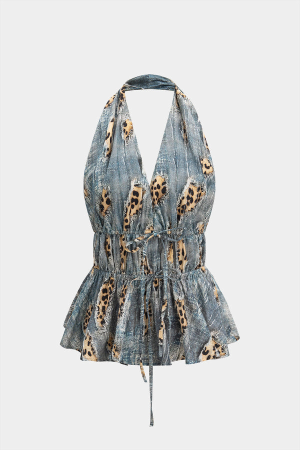 Luipaardprint top met open rug, strik en ruches