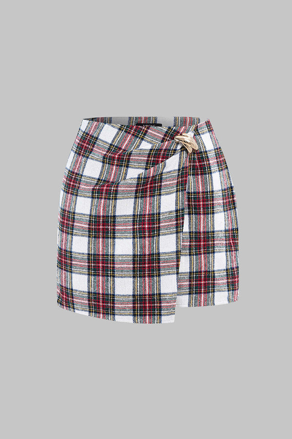 Geruite asymmetrische minirok met hoge taille