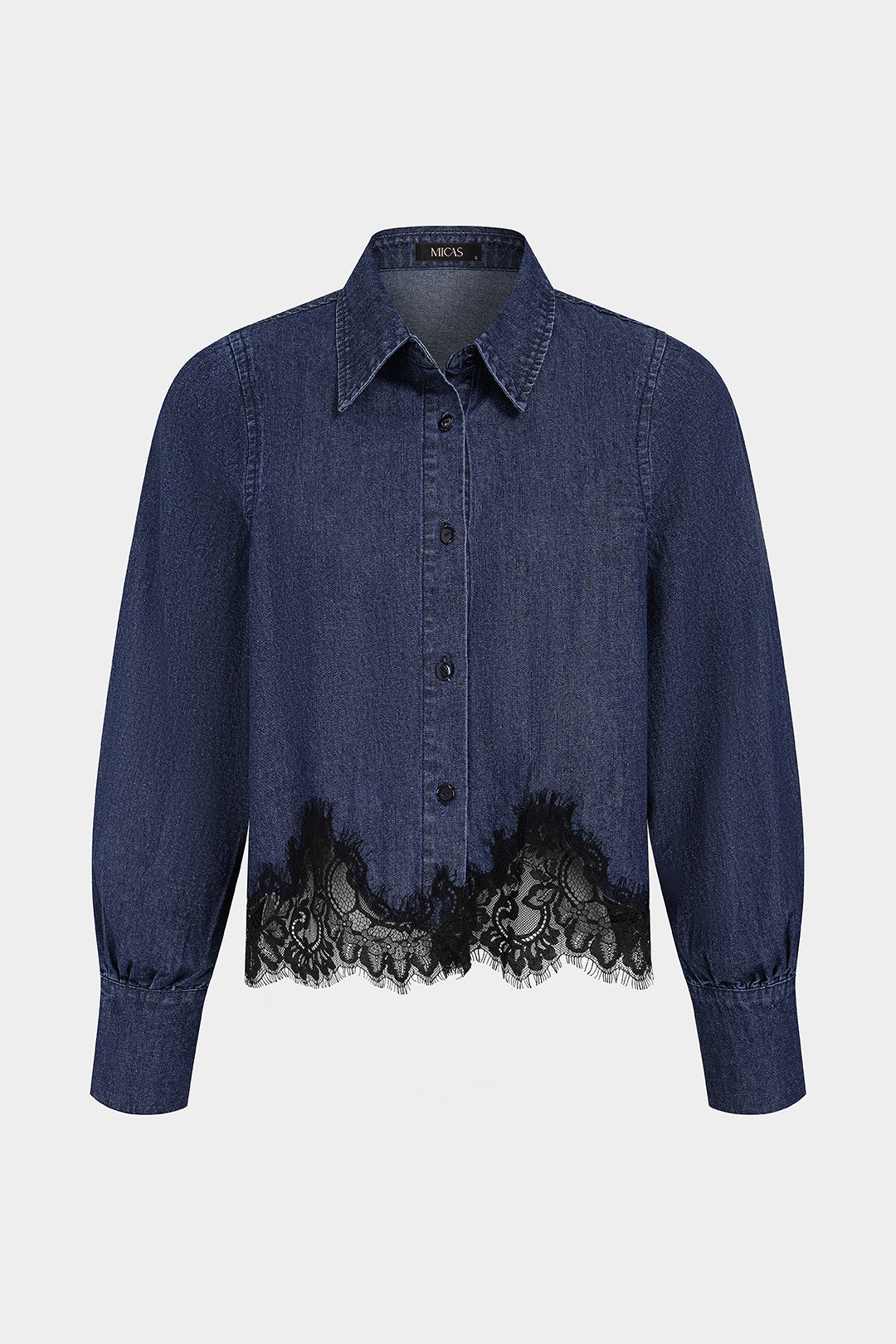 Denim patchwork blouse met kanten rand en knoopjes