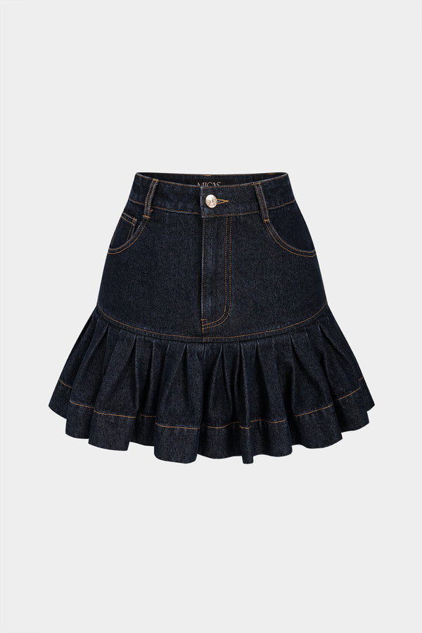 Denim minirok met hoge taille en ruches