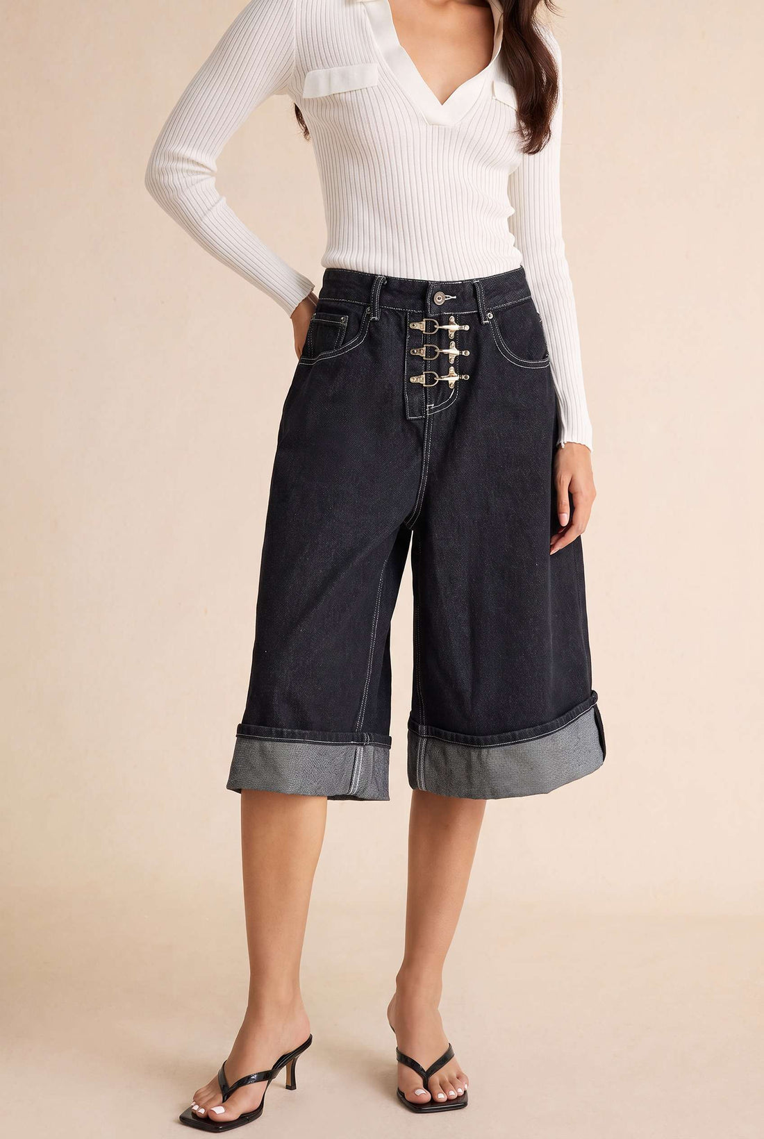 Denim metallic short met wijde pijpen