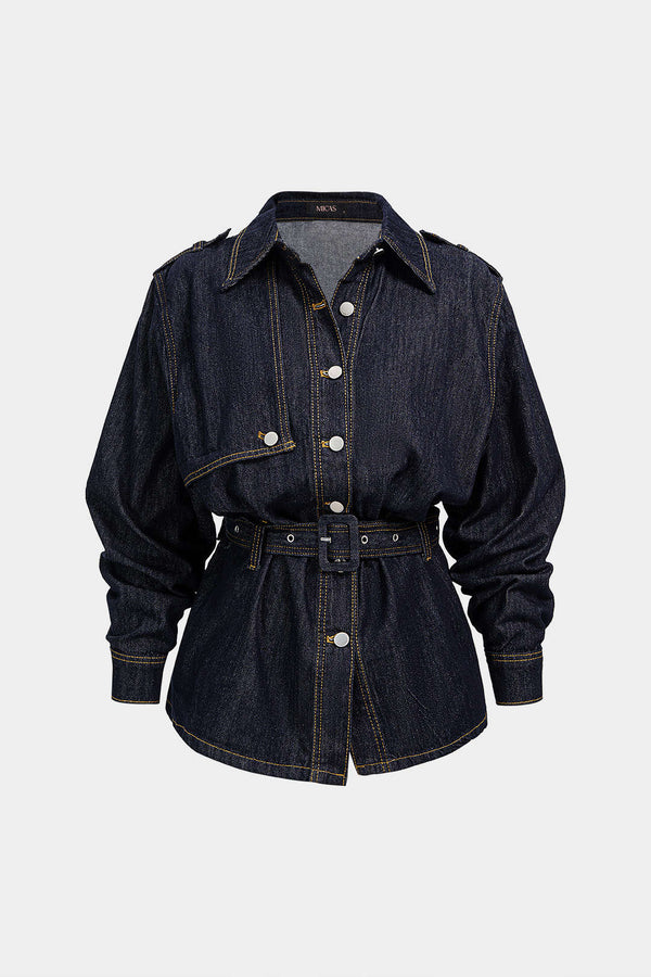 Denim asymmetrische item met revers en riem