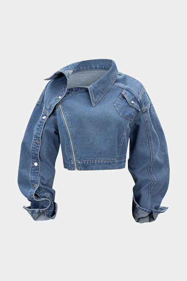 Denim asymmetrisch jasje met rits en lange mouwen