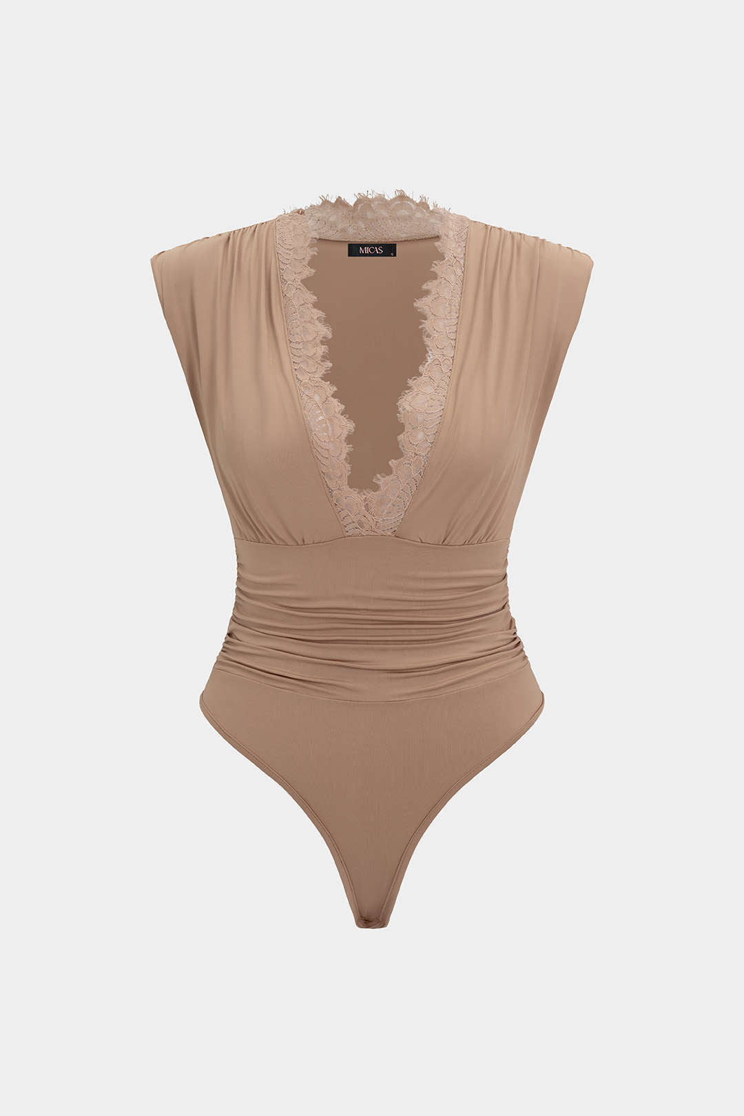 Patchwork mouwloze body met kant, V-hals en ruches