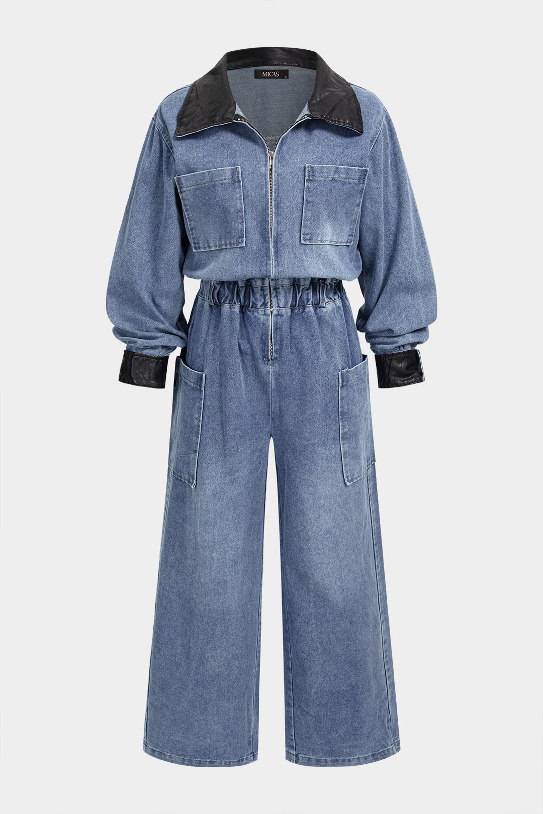Denim patchwork jumpsuit met zakken en lange mouwen