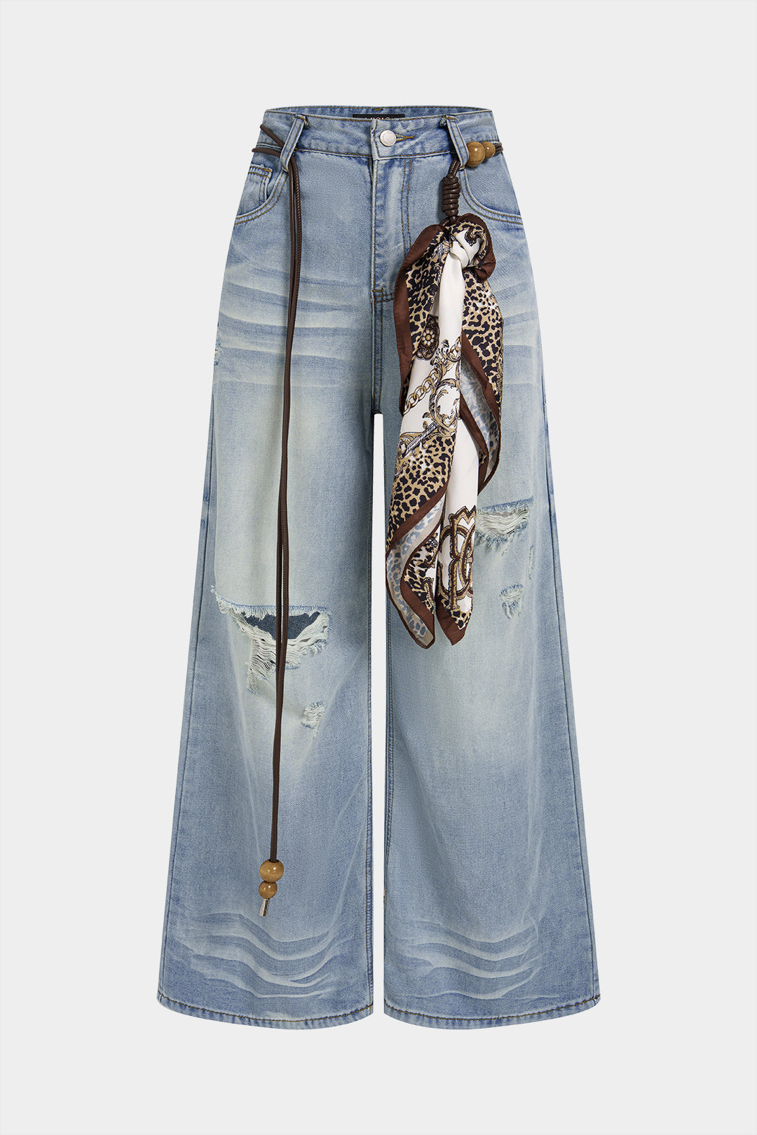 Asymmetrische jeans met hoge taille, riem en wijde pijpen