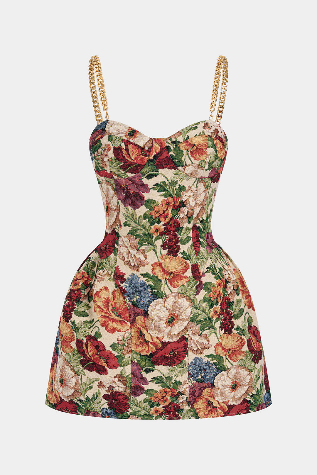Bloemenprint metallic minijurk met kettingdetail