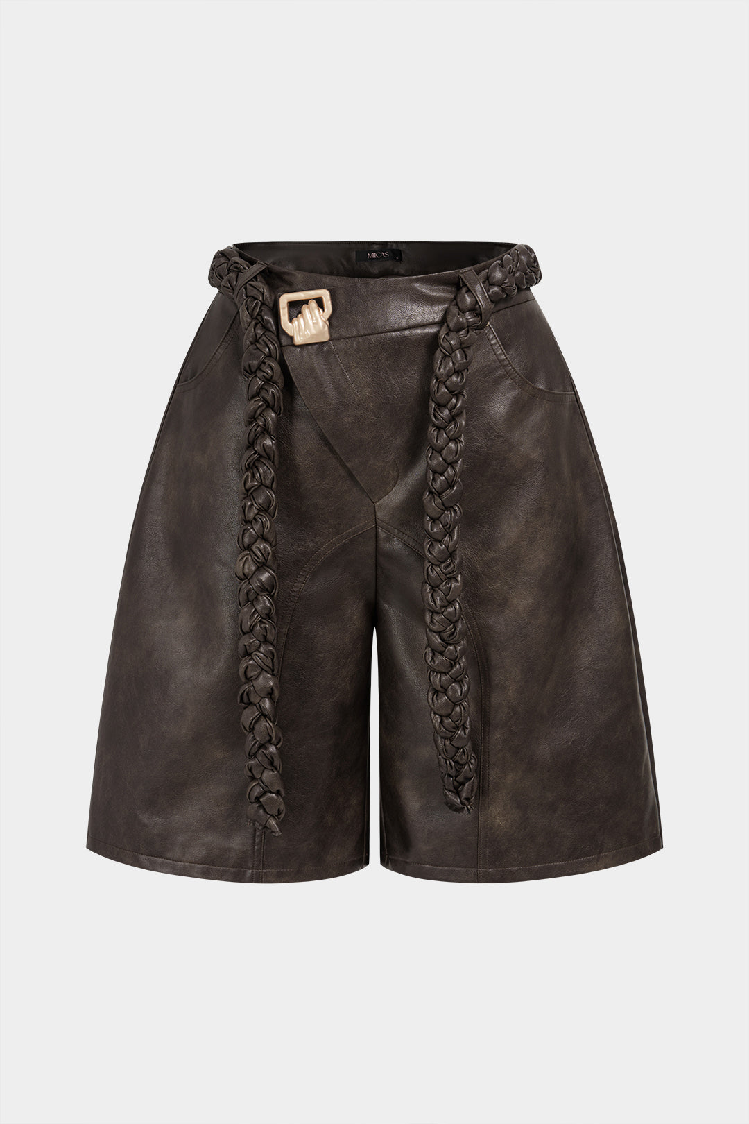 Leren-look asymmetrische short met riem en zakken
