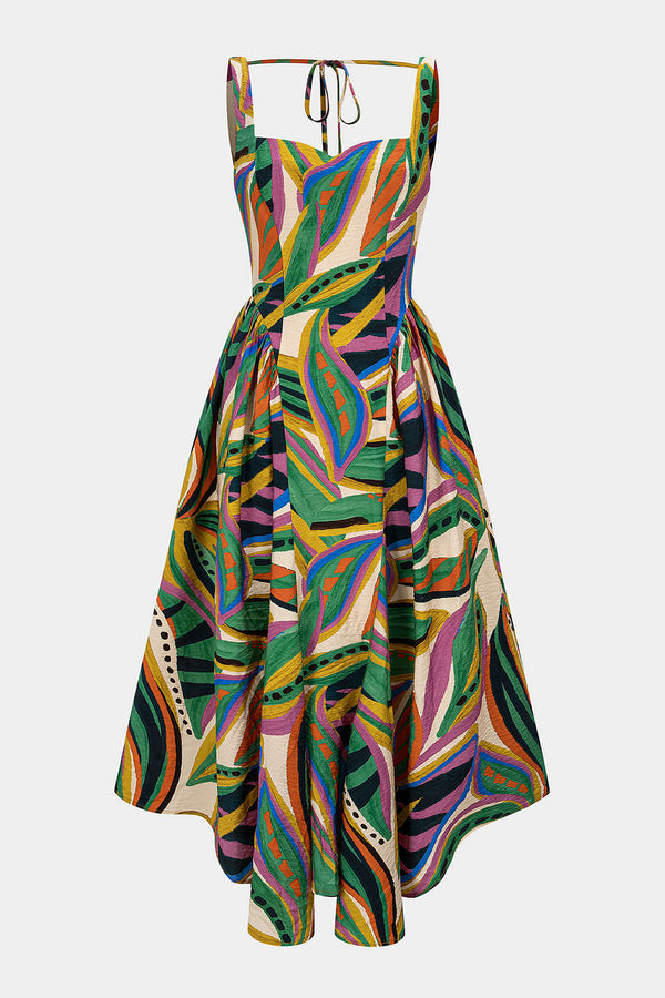 Abstracte print mouwloze maxijurk met ruches