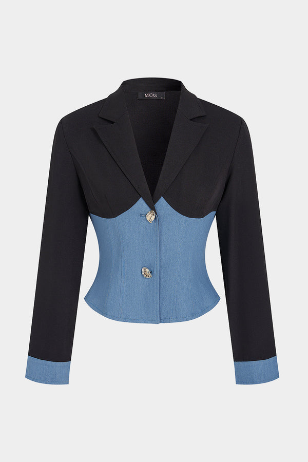 Yasmin - Denim patchwork blazer met reverskraag