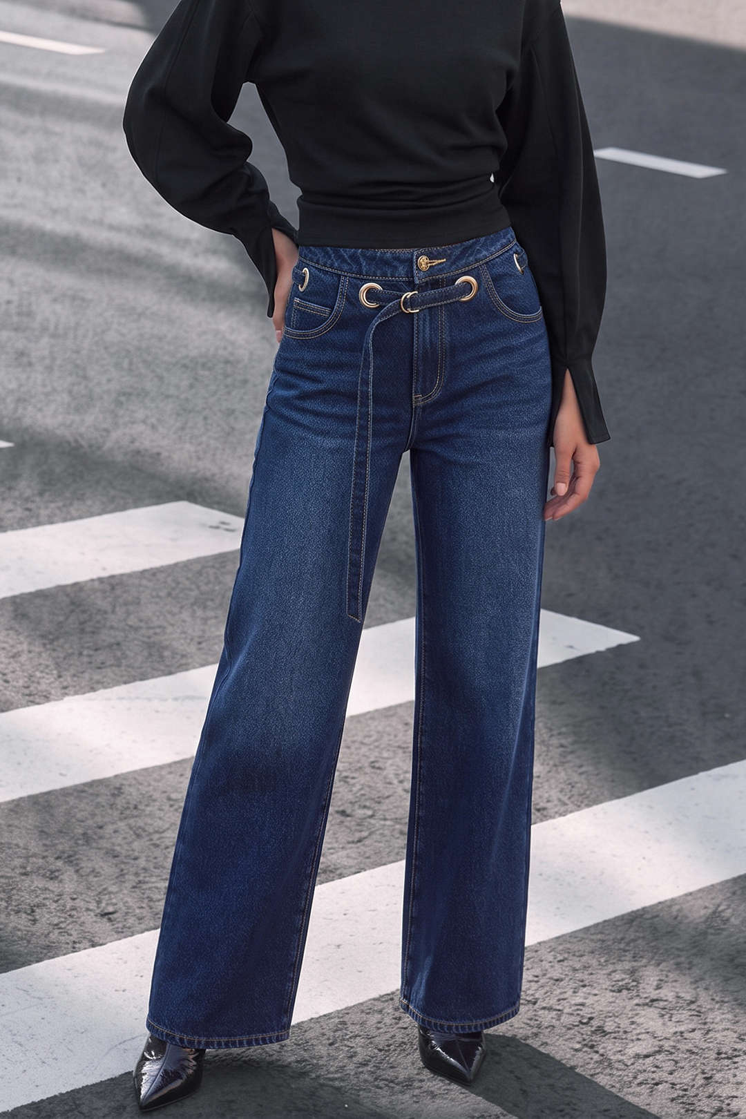Metallic jeans met riem en rits