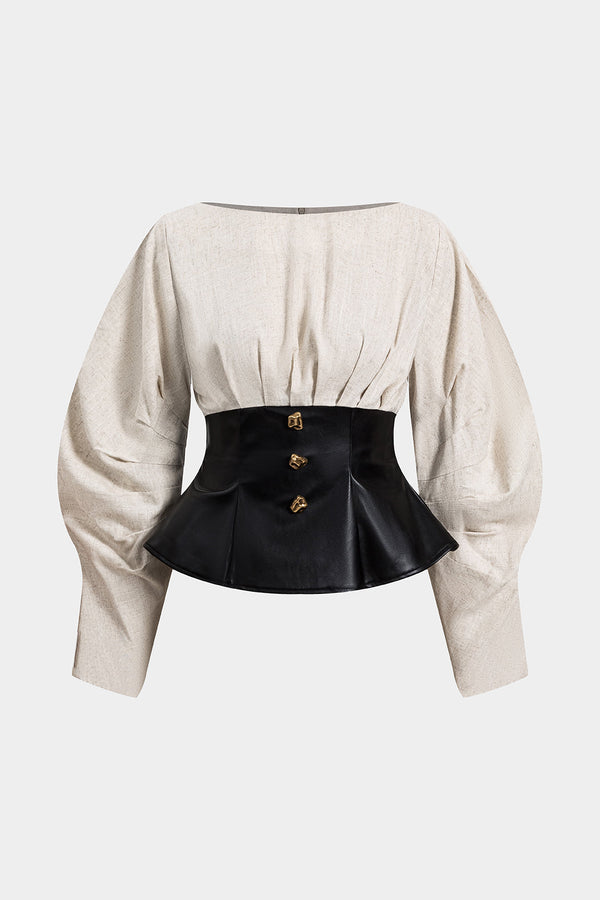 Linnen leren-look blouse met lange mouwen