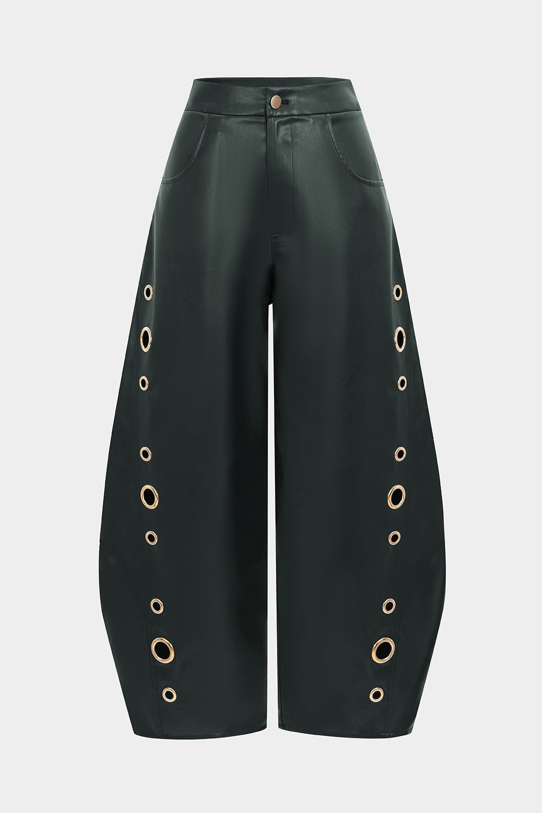 Leren-look metallic pantalon met rits en opengewerkt detail