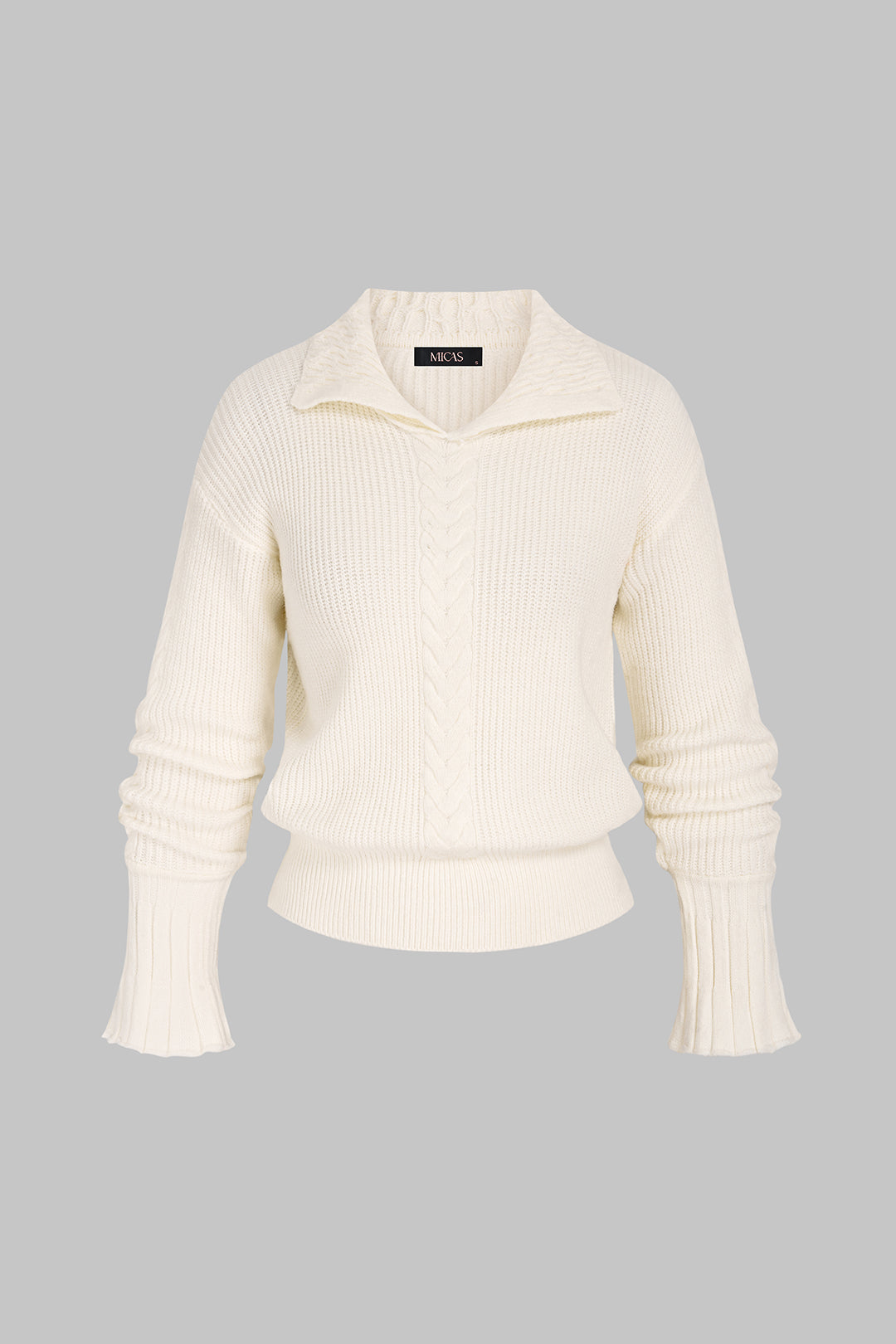 Gebreide effen top met revers en lange mouwen