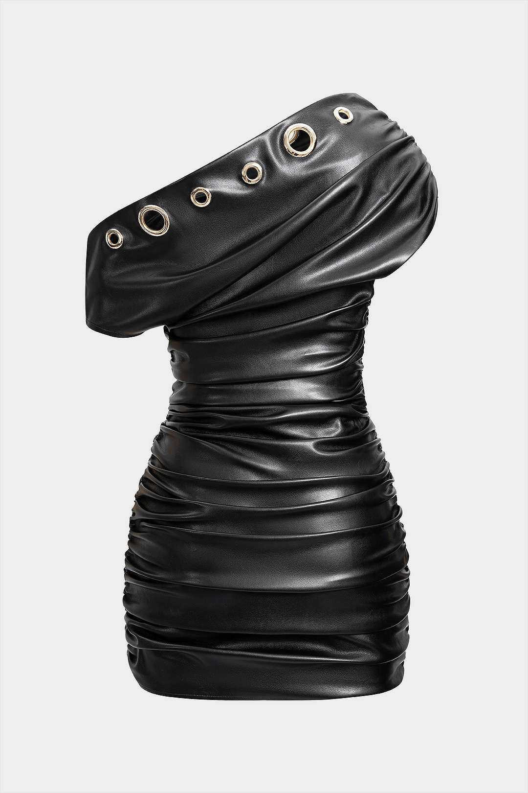 Leren-look metallic minijurk met ruches en één schouder