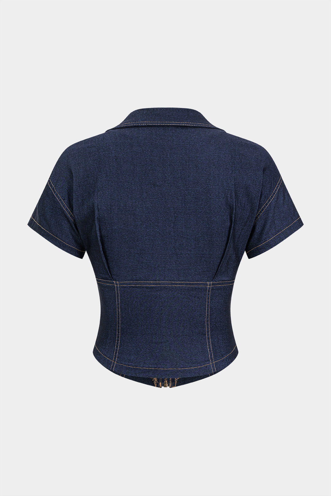 Denim blouse met V-hals, rits en korte mouwen