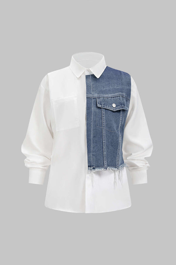 Denim patchwork blouse met rafelrand, zakken en lange mouwen