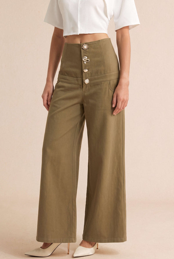 Broek met knoopjes, hoge taille en wijde pijpen