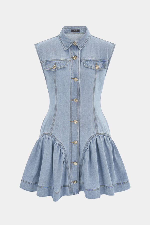 Denim mouwloze minijurk met revers, knoopjes en volants
