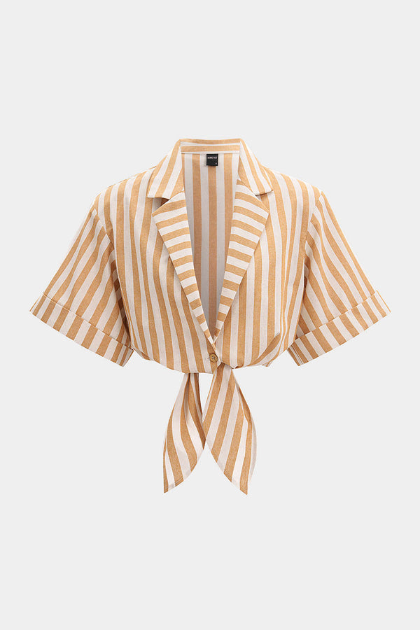 Gestreepte blouse met reverskraag, strik en korte mouwen