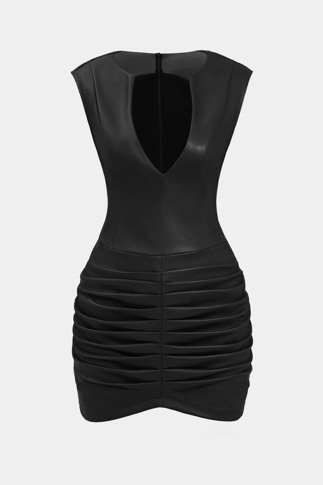 Leren-look minijurk met ruches en V-hals