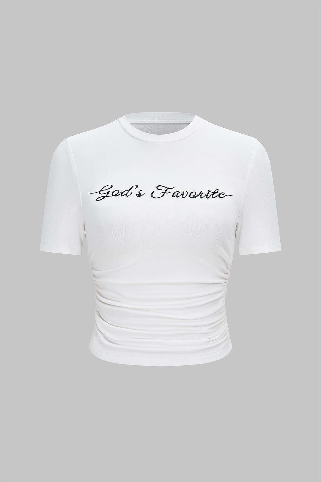 T-shirt met borduursel, ronde hals en ruches