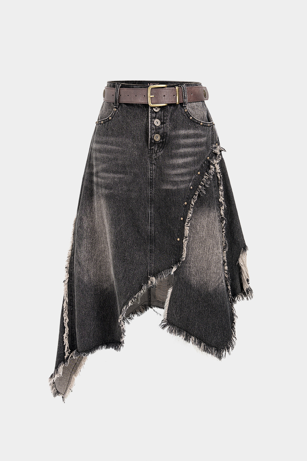 Denim asymmetrische rok met rafelrand en riem