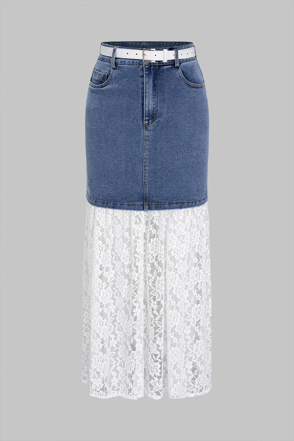 Denim patchwork rok met kant, riem en hoge taille