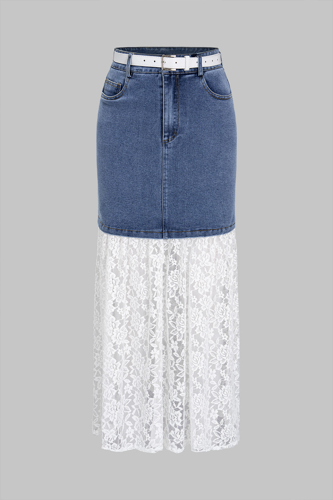 Denim patchwork rok met kant, riem en hoge taille