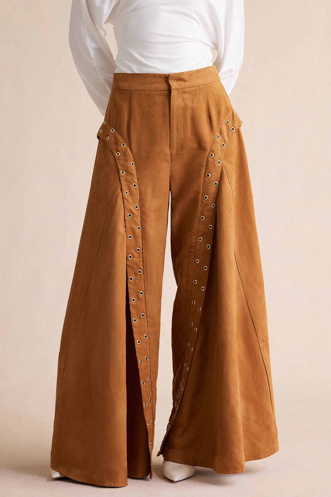 Suède broek met wijde pijpen