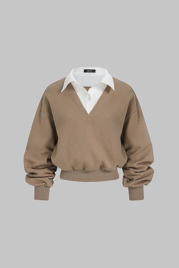 Patchwork sweater met revers en lange mouwen
