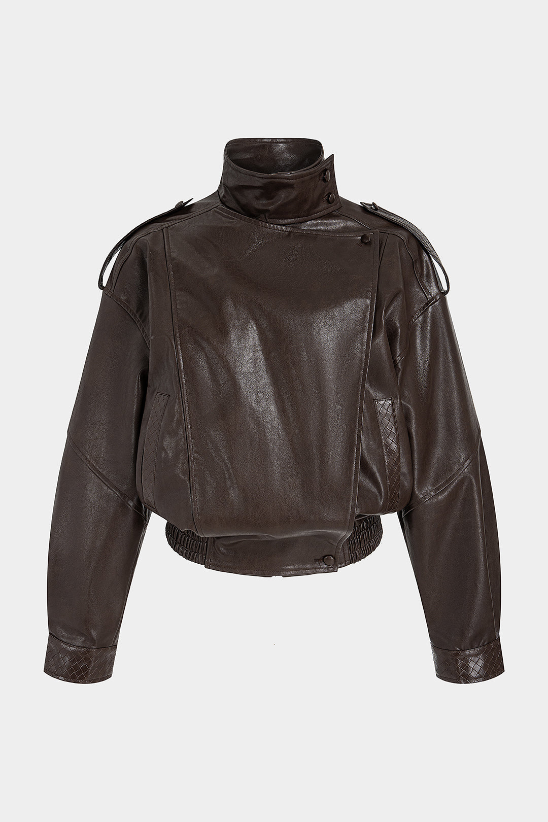 Leren-look asymmetrisch jasje met smokwerk en ruches