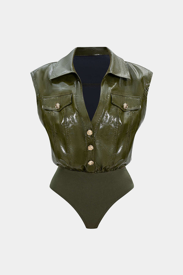 Daphne - Leren-look patchwork body met knoopjes