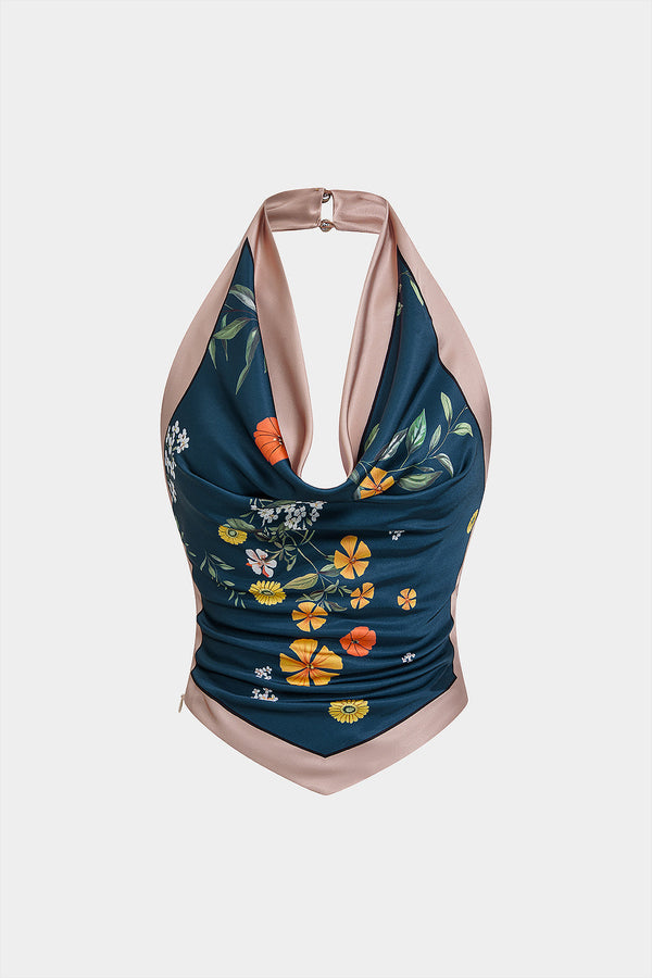 Bloemenprint satijnen tanktop met drapering en watervalhals