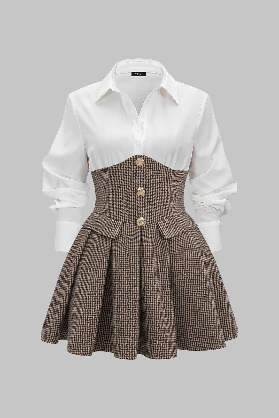 Pied-de-poule patchwork minijurk met hoge taille