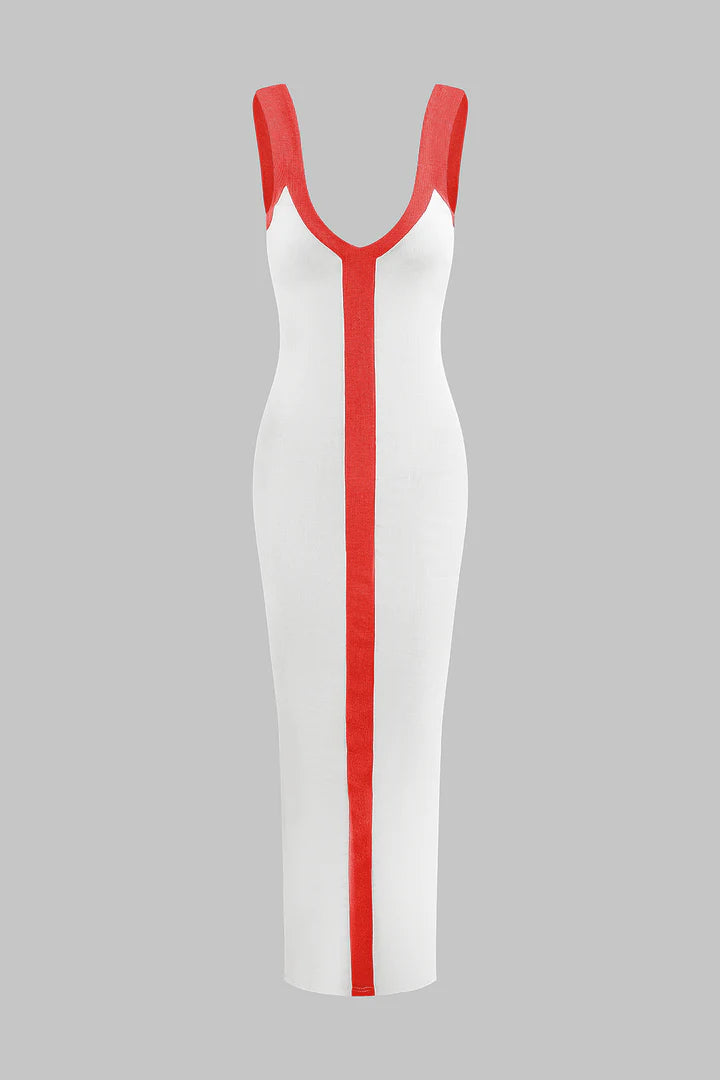 Colorblock V-neck Ribbed Split Maxi Dress