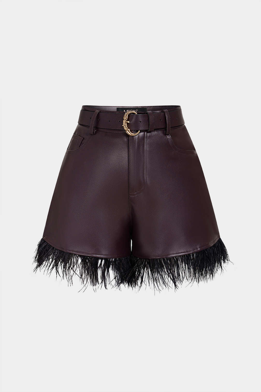 Leren-look patchwork short met riem en hoge taille
