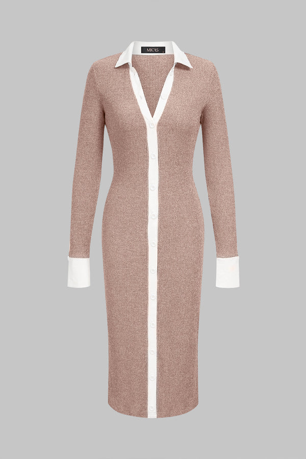 Gebreide patchwork midijurk met V-hals en lange mouwen