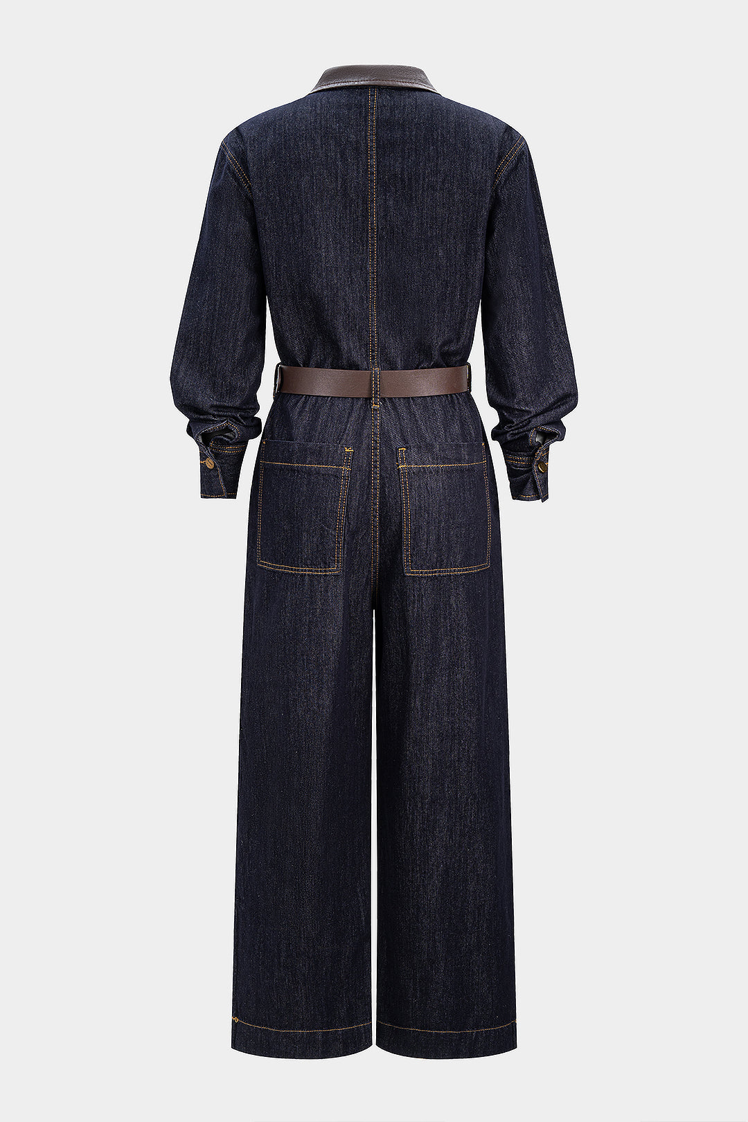 Denim leren-look jumpsuit met riem en lange mouwen