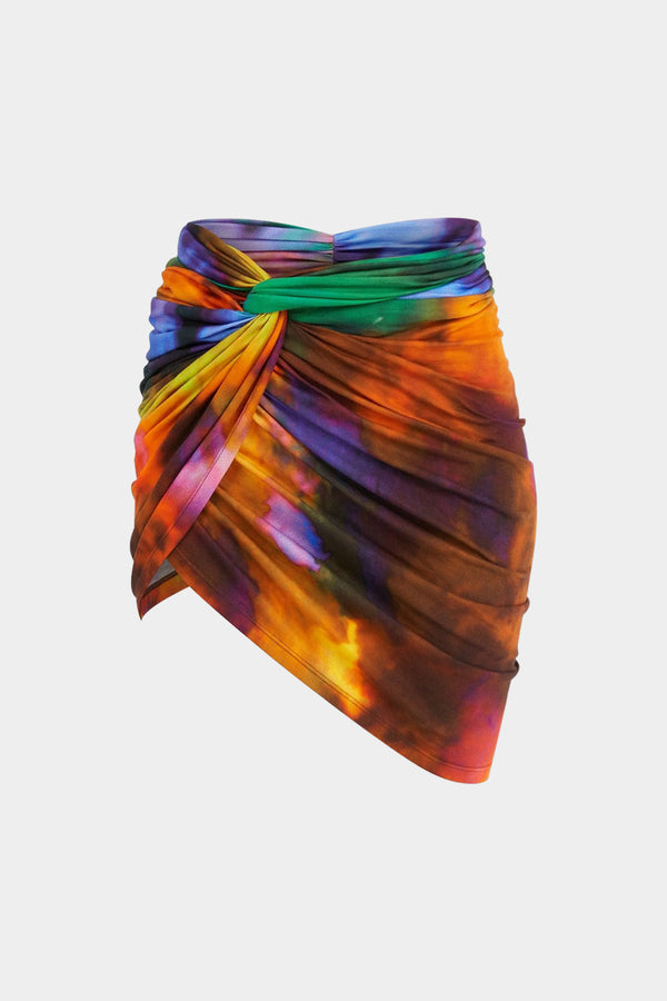 Tie-dye rok met ruches, gedraaid detail en knoopdetail
