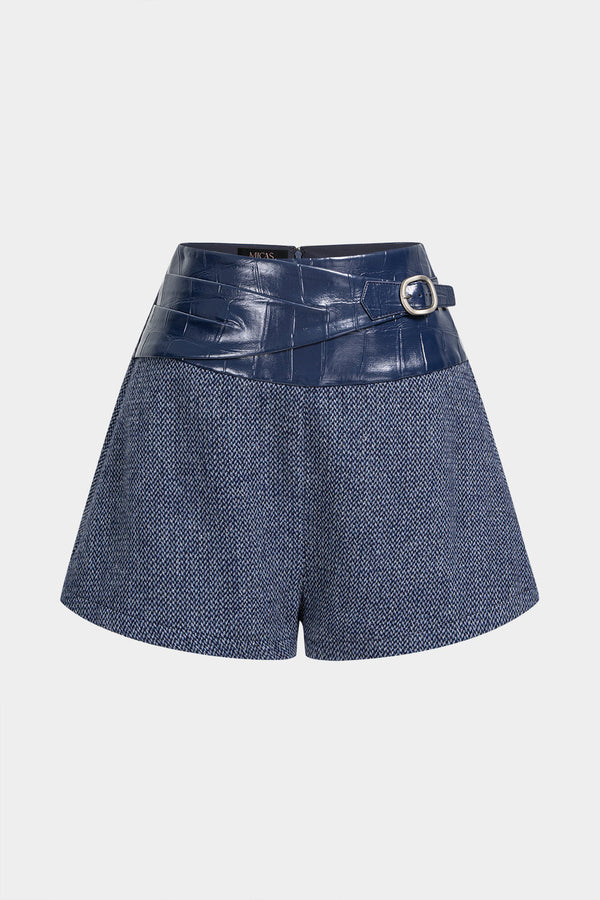 Abstracte print leren-look short met riem