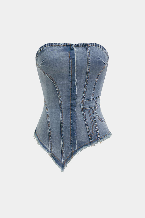 Denim asymmetrische strapless top met rafelrand