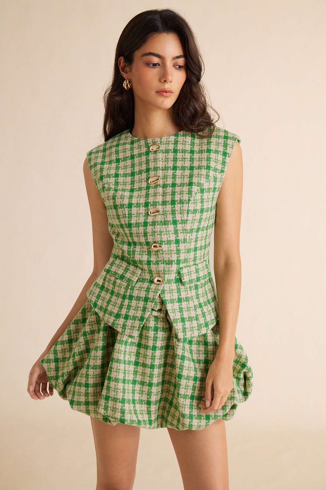 Geruite tweed rok met riem en ruches