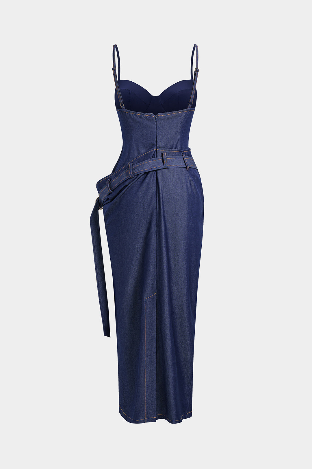 Denim asymmetrische maxijurk met ruches, riem en rits