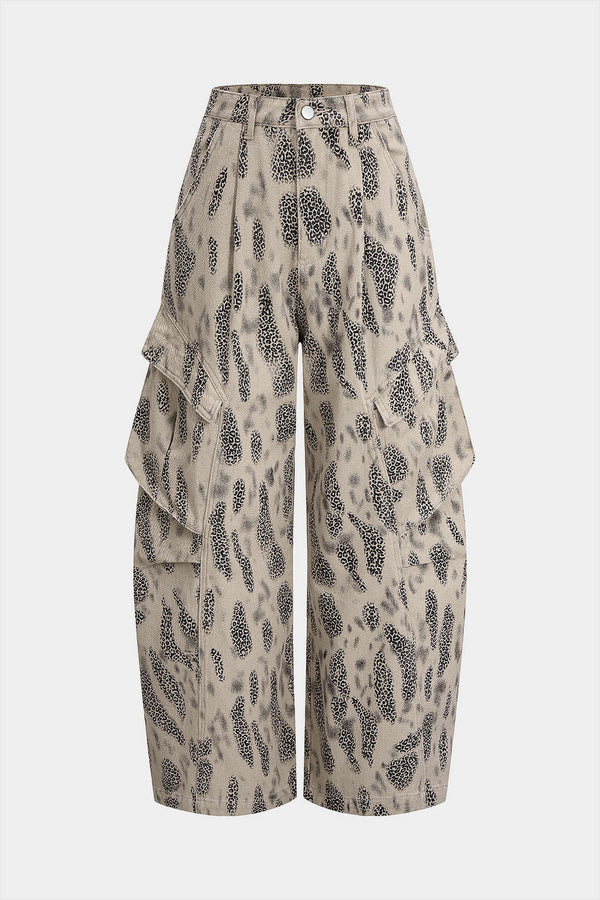 Luipaardprint jeans met rits en wijde pijpen