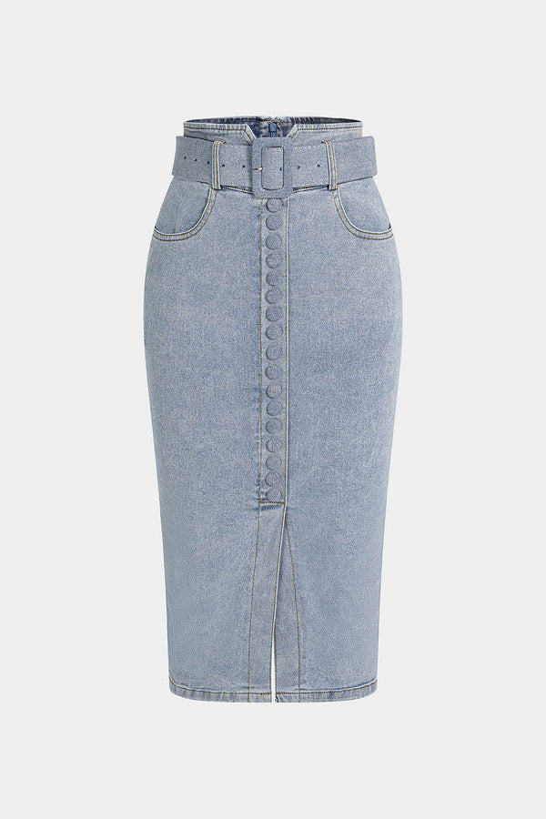 Denim rok met riem, knoopjes en hoge taille