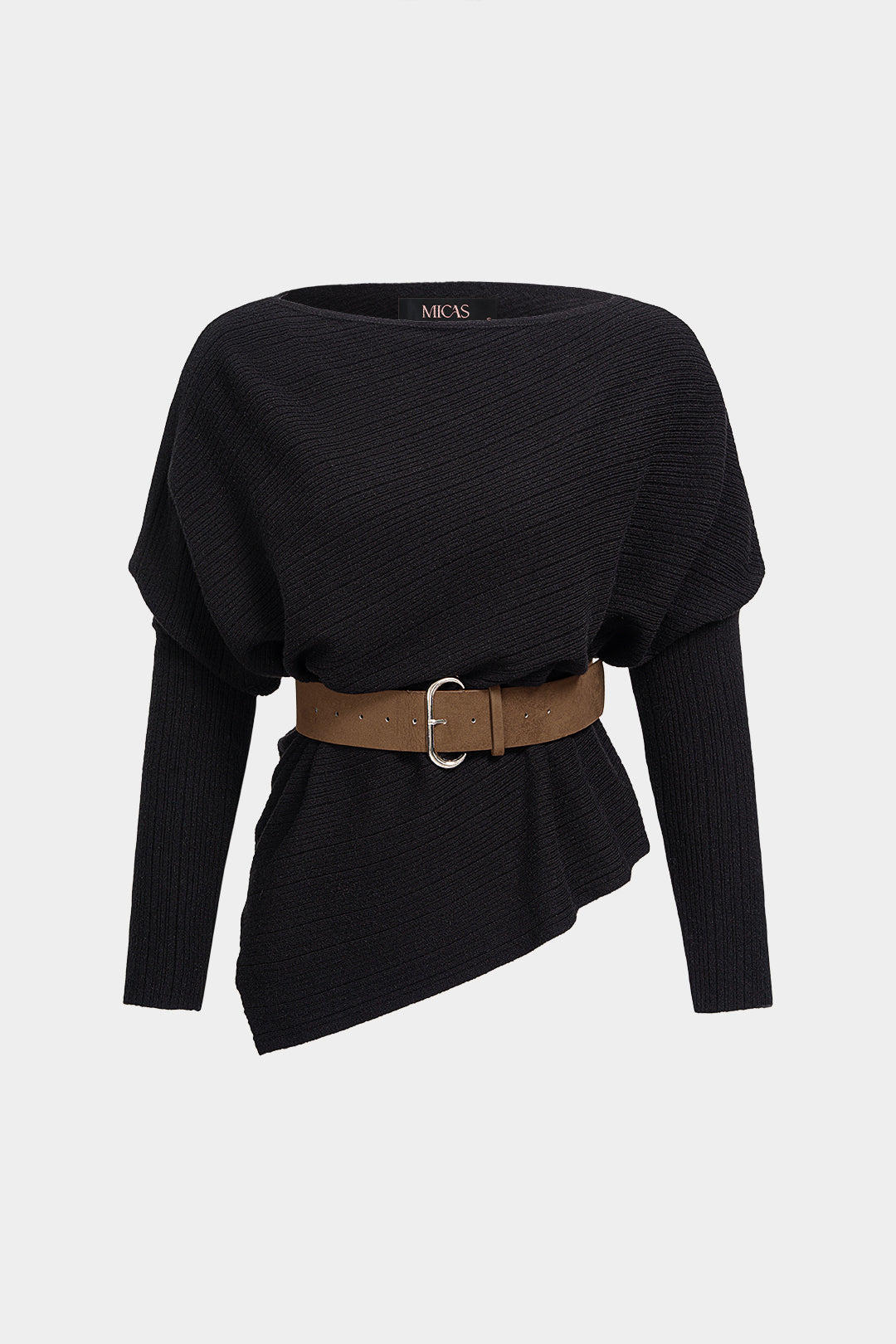 Sanne - Gebreide asymmetrische top met riem en lange mouwen