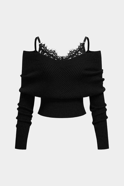 Knit Patchwork Lace Trim Long-Sleeve Top