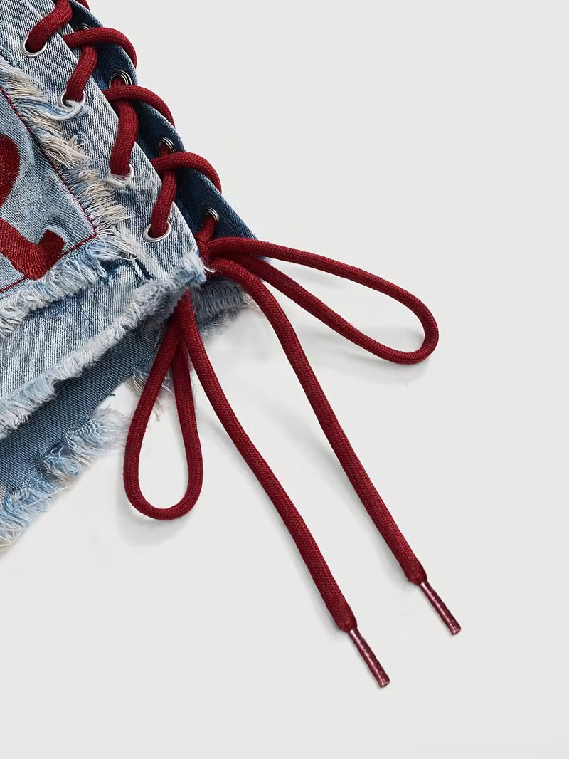 Y2K Denim Embroidery Craft Short
